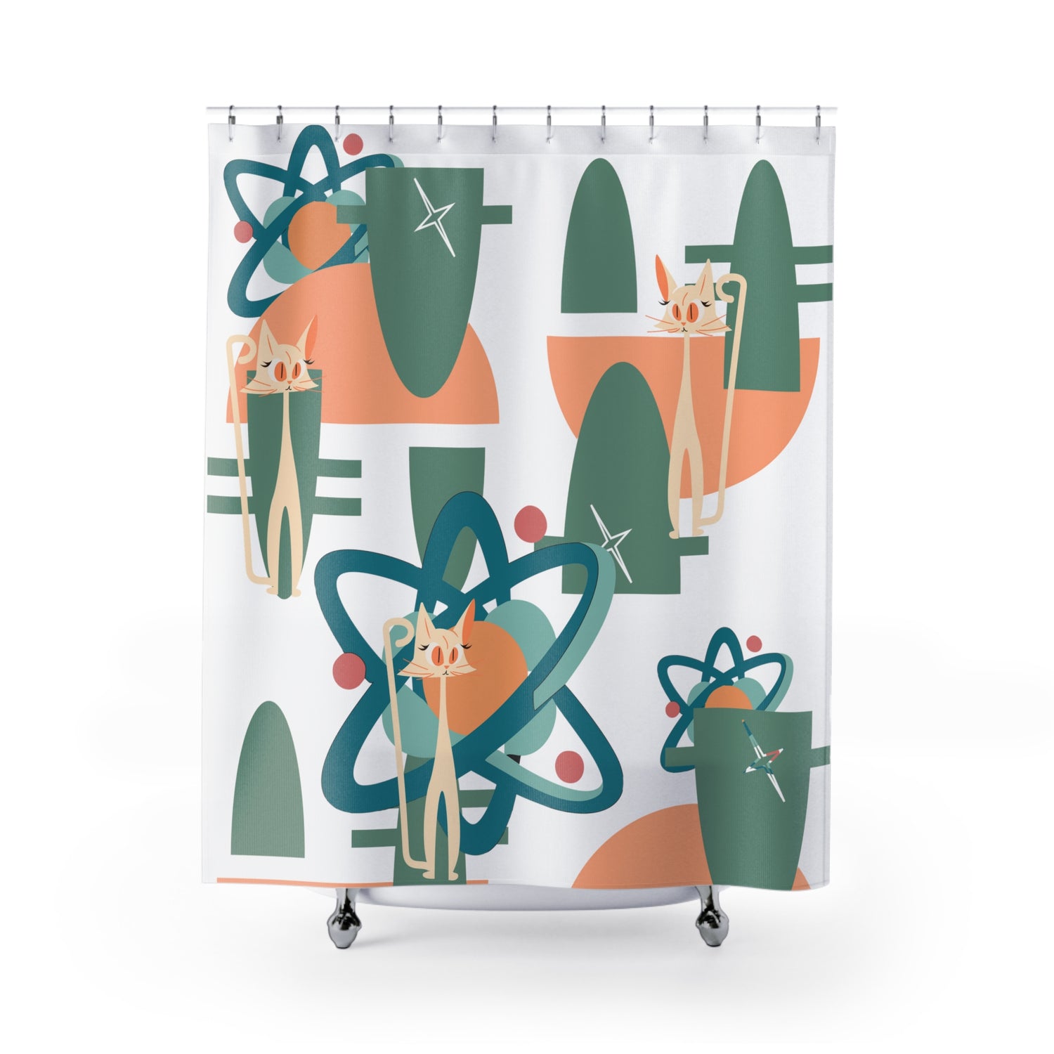 Atomic Cat, Space Kitties, Orange Tabby Cat, Mid Century Modern Shower Curtain