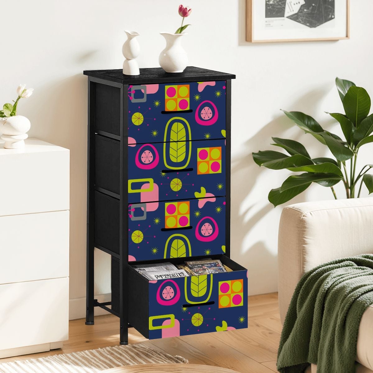 Mid Century Modern Atomic Navy Blue Bright Pink Green 4-Drawer Dresser - Mid Century Modern Gal