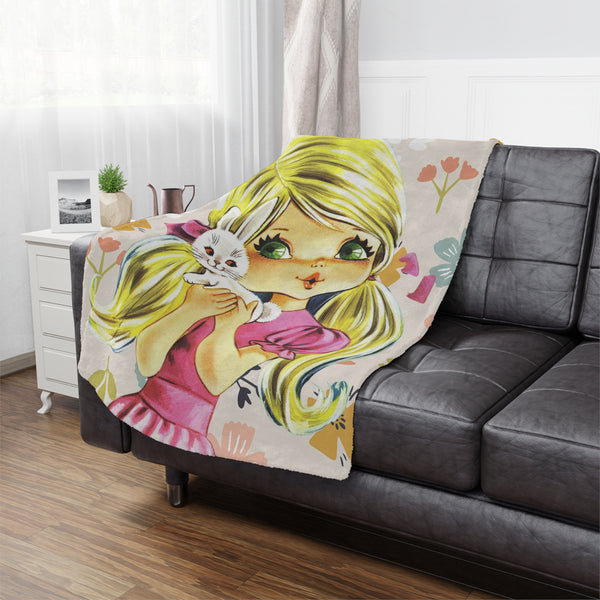 70's Retro Blanket, Blonde Haired, Big Green Eyes, Pretty Girl, Flower Power, Groovy Flowers, Girl With Bunny, Sweet, Simple Minky Blanket