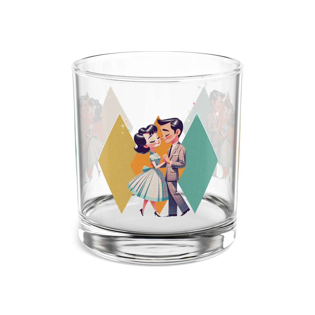 50s Mod Couple Bourbon Lover, Kitschy Cocktail Rocks Glass, 10oz