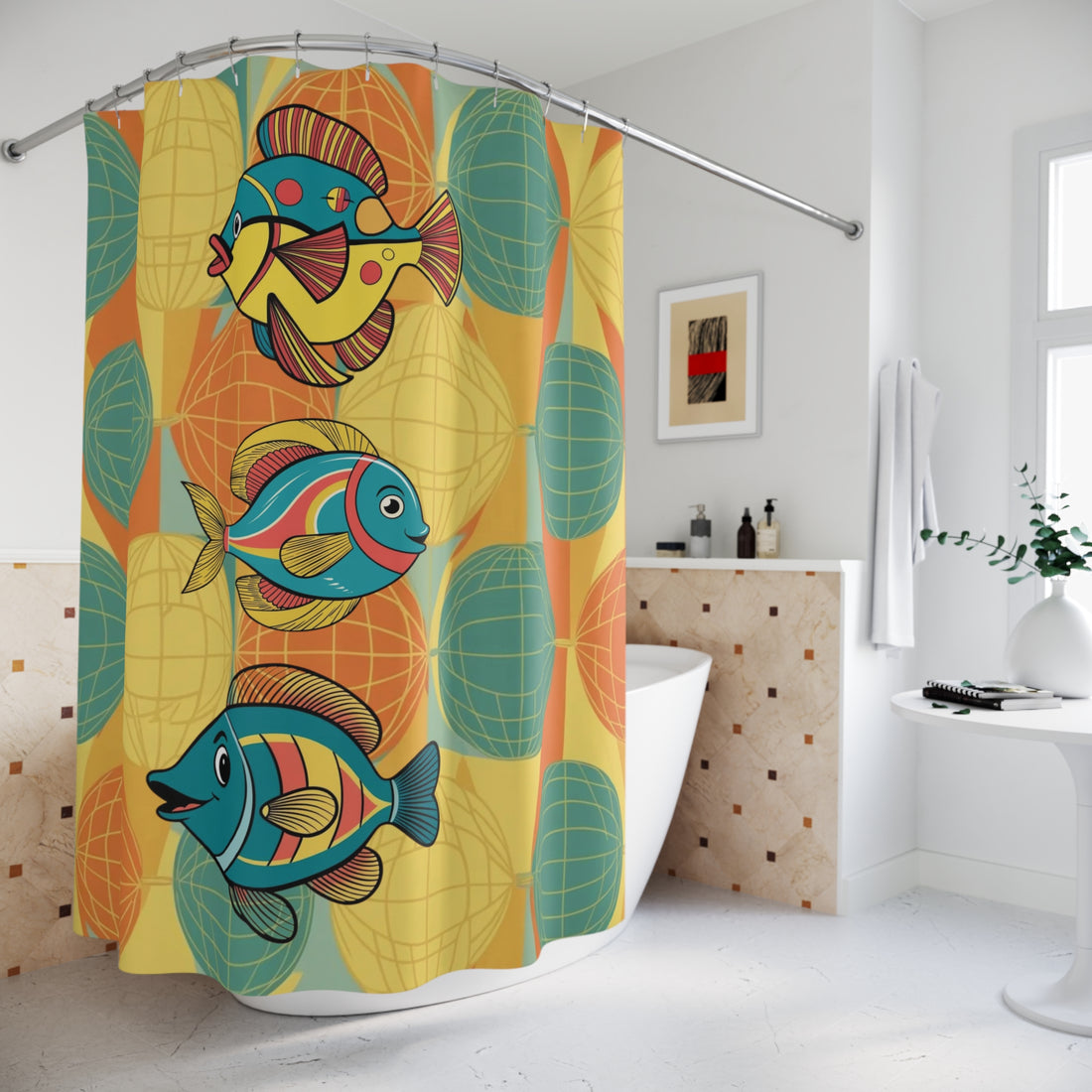 Mid Century Modern Fish Artm Colorful Fish Shower Curtain – Fun Marine Decor for Bathrooms - Mid Century Modern Gal