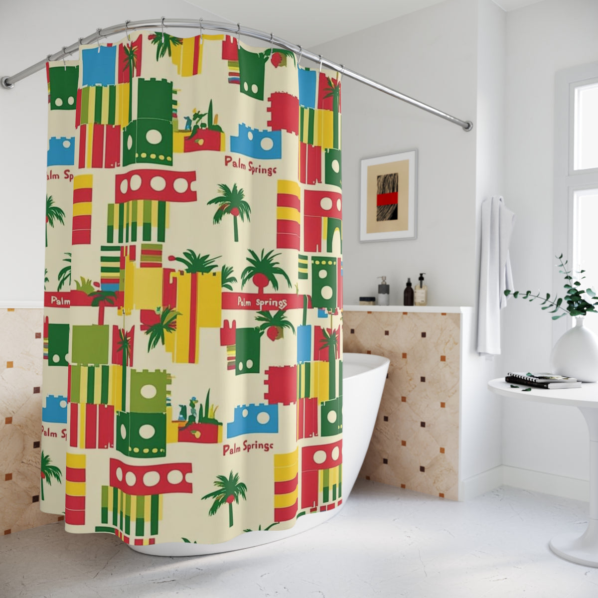 Tropical Palm Springs Shower Curtain - Colorful Geometric Design - Mid Century Modern Gal