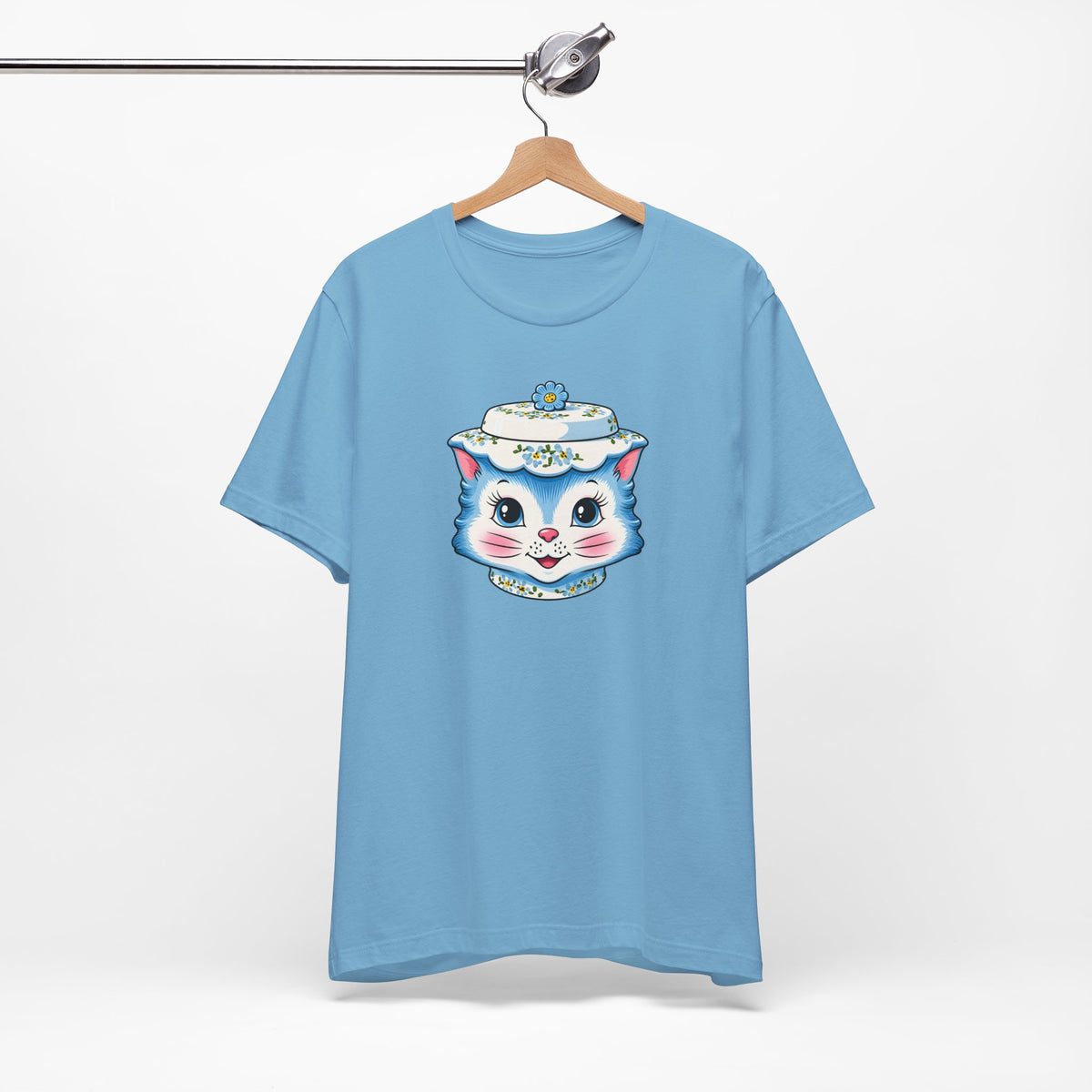 Mid Century Modern Kitschy Anthropomorphic Blue Cat with Floral Hat Unisex T-Shirt