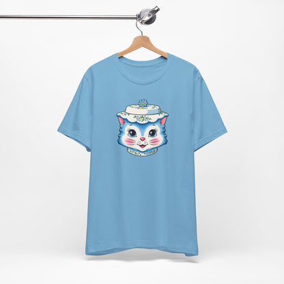 Mid Century Modern Kitschy Anthropomorphic Blue Cat with Floral Hat Unisex T-Shirt
