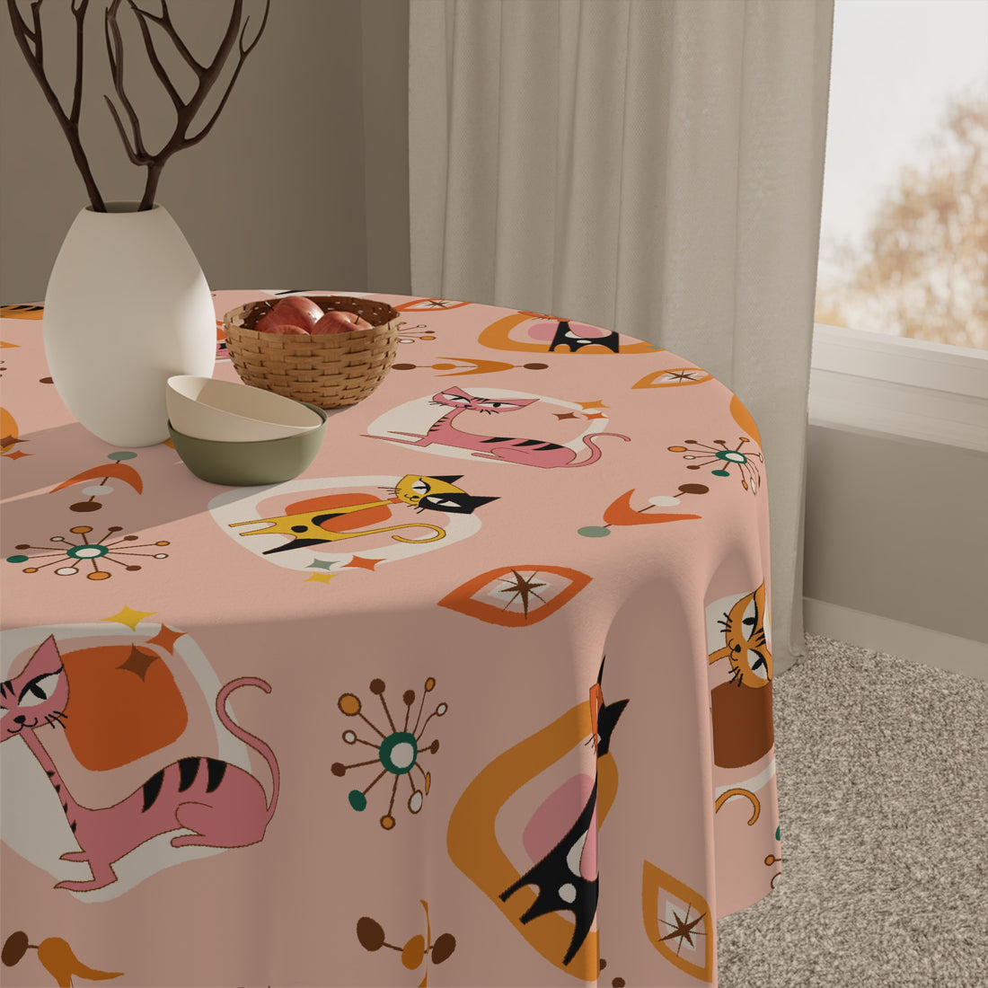 Atomic Cat Kitschy Mid Century Modern Coral Pink Quirky Fun Spring Summer Tablecloth - Mid Century Modern Gal