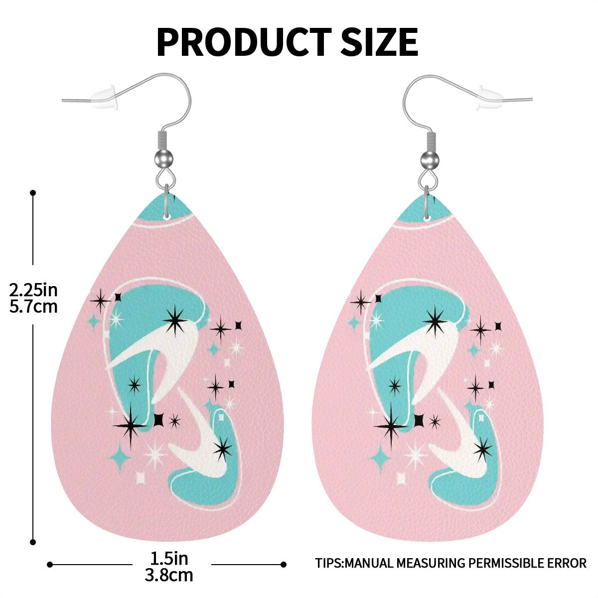 Atomic Cocktail Vegan Leather Teardrop Earring, Pink Aqua Boomerang - Mid Century Modern Gal