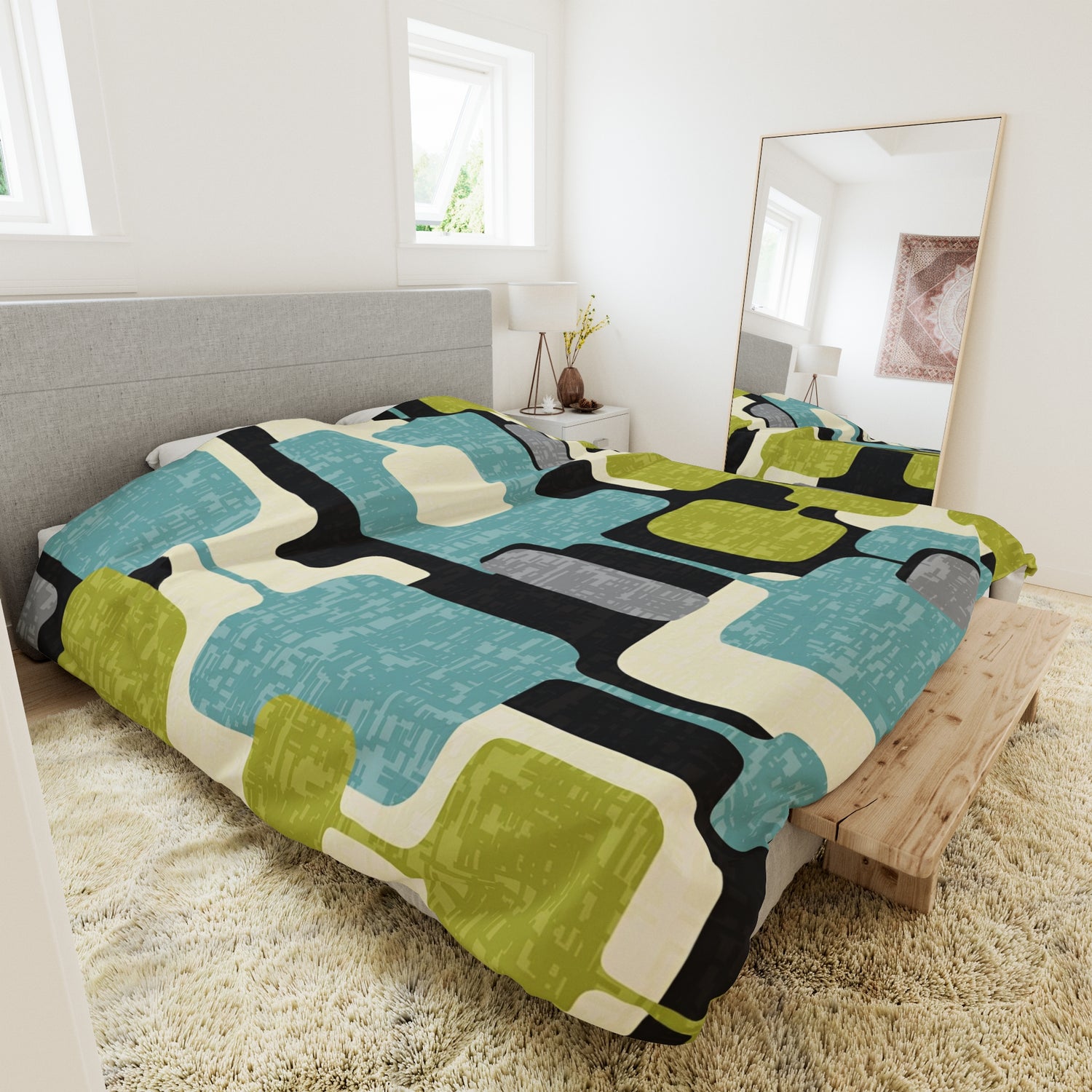 Atomic Living Bedding, Mid Century Modern, Gray, Lemon Lime Green, Aqua Blue, Geometric Retro King Size Comforter