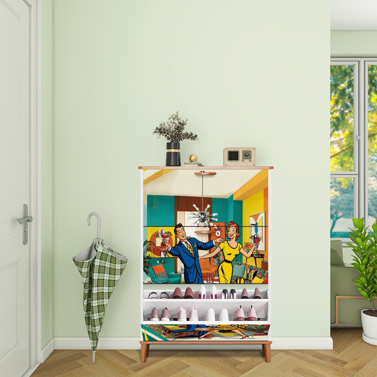 Mid Century Modern Mod Couple Quirky Fun Cocktail Hour Mod Shoe Cabinet - Mid Century Modern Gal