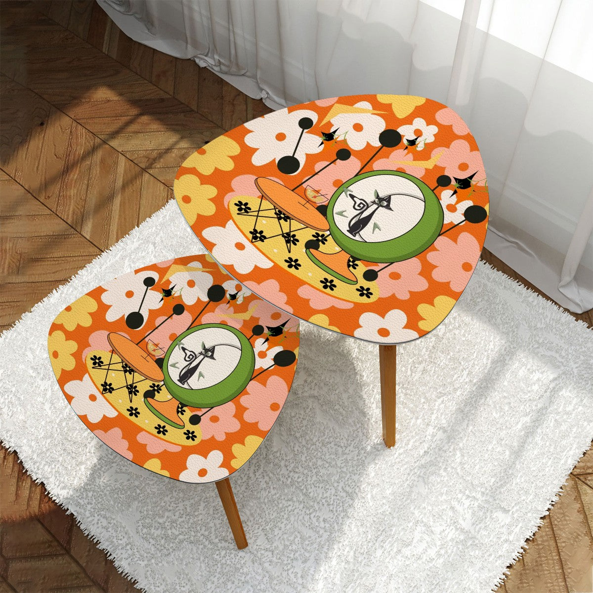 Mid Century Modern Nesting Tables Retro Orange Groovy Flowers Adorned With Atomic Martini Cat Design - Mid Century Modern Gal