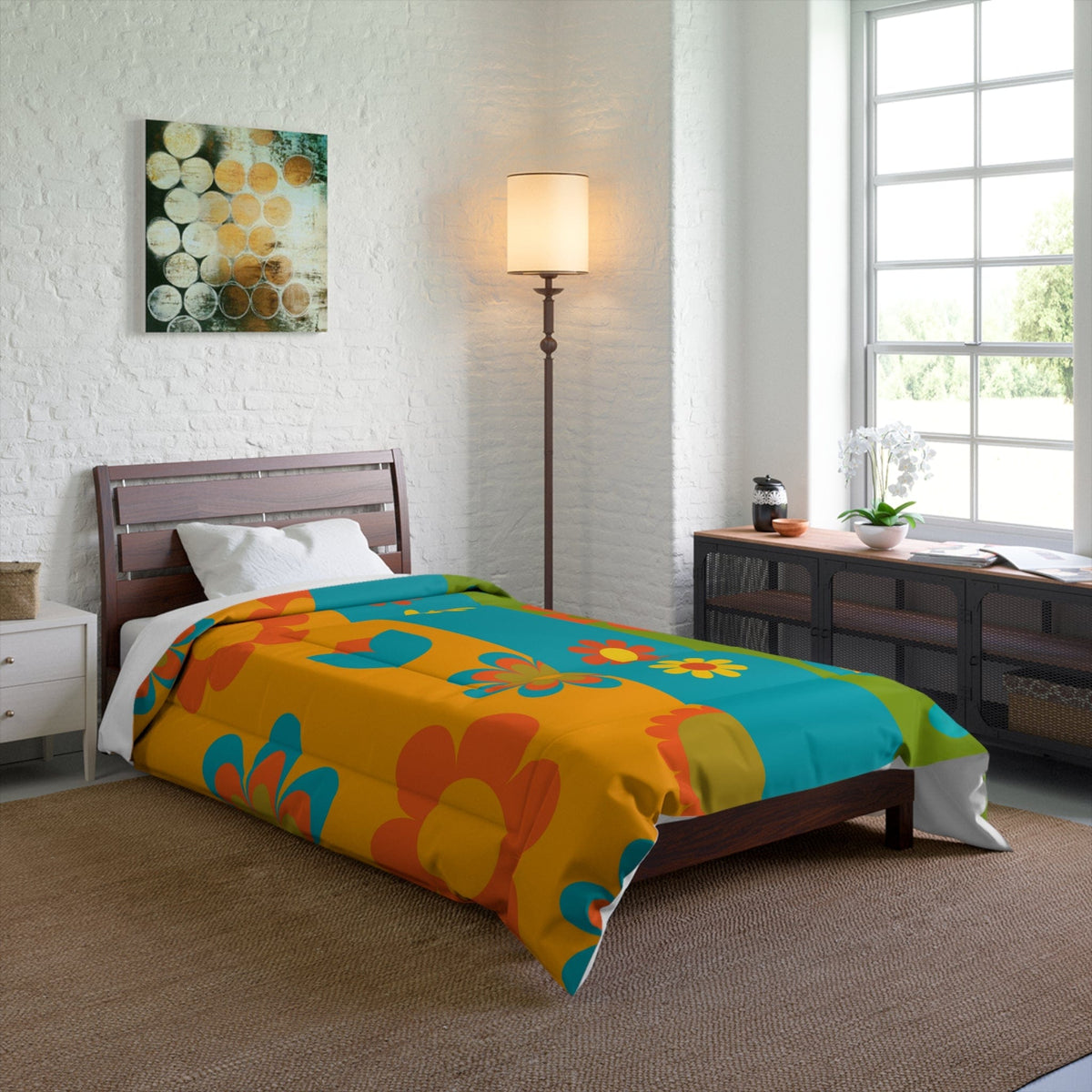70's Groovy, Flower Power, Hippie, Yellow, Teal, Orange Retro, Bedding Home Decor 68" × 88"