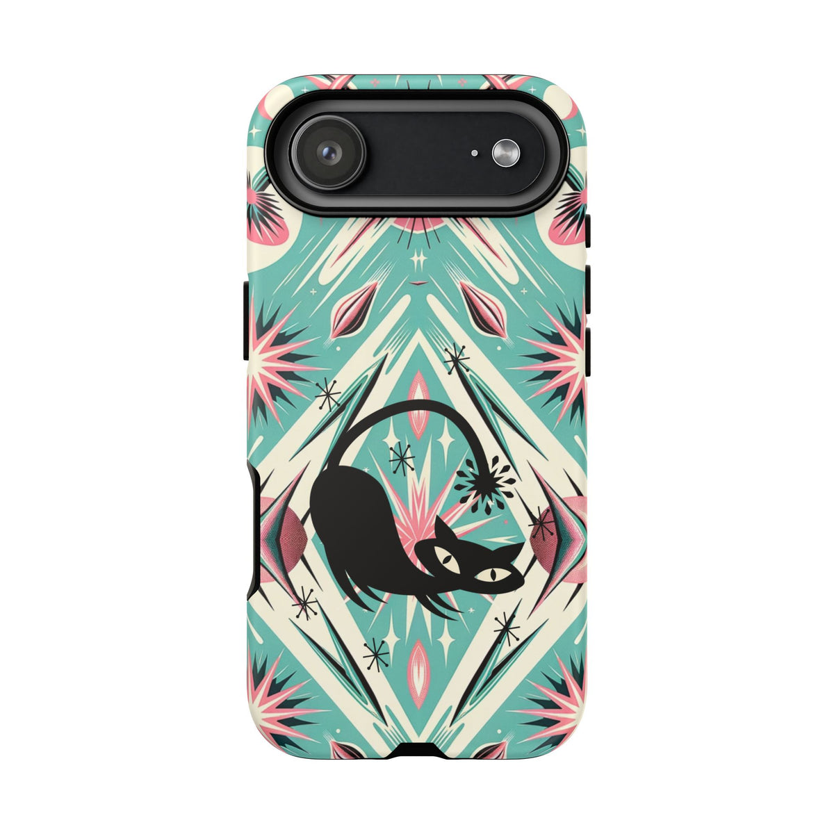 Atomic Cat, Mid Century Modern Aqua Blue, Pink, Starbursts Tough Phone Case