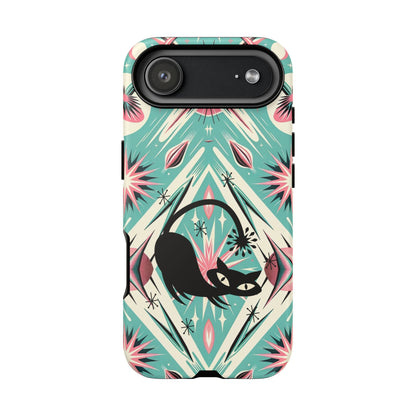 Atomic Cat, Mid Century Modern Aqua Blue, Pink, Starbursts Tough Phone Case