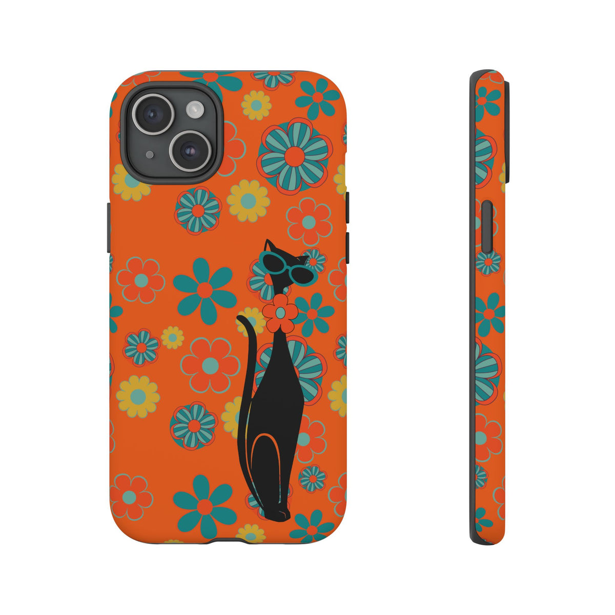 Flower Power, Retro Groovy Atomic Cat, Hipster Style Orange Samsung Galaxy and Google Pixel Tough Cases
