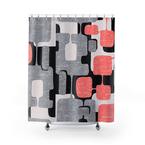 Mid Century Modern Shower Curtain Geometric, Coral Pink, Black, Gray, White, MCM Shower Curtain