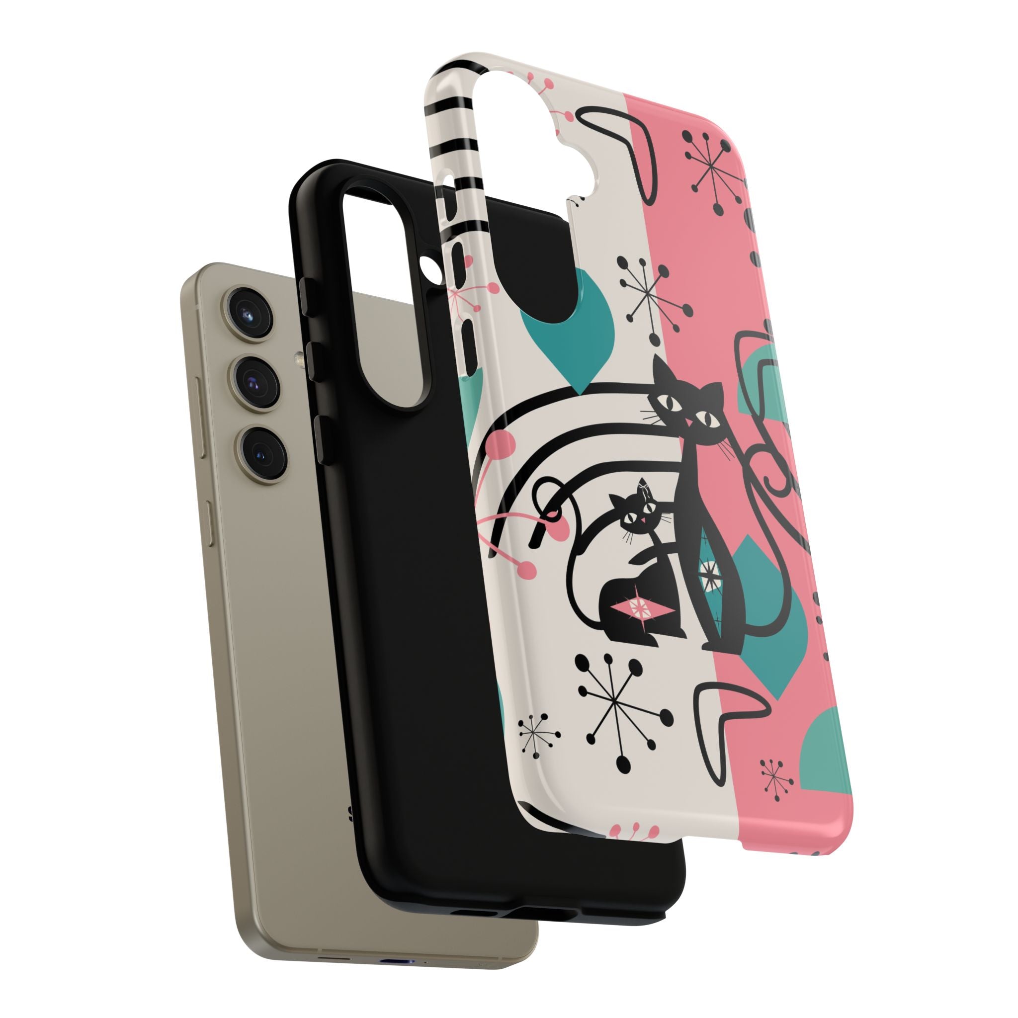 Mid Mod Atomic Cat Boomerang Starburst, Pink, Black Kitschy Stylish Cat Phone Case: Modern Design for Cat Lovers