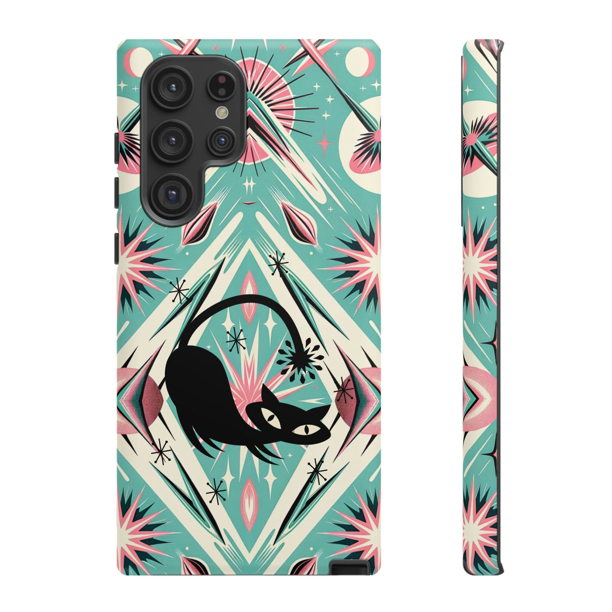 Atomic Cat, Mid Century Modern Aqua Blue, Pink, Starbursts Tough Phone Case