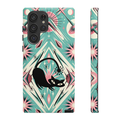 Atomic Cat, Mid Century Modern Aqua Blue, Pink, Starbursts Tough Phone Case