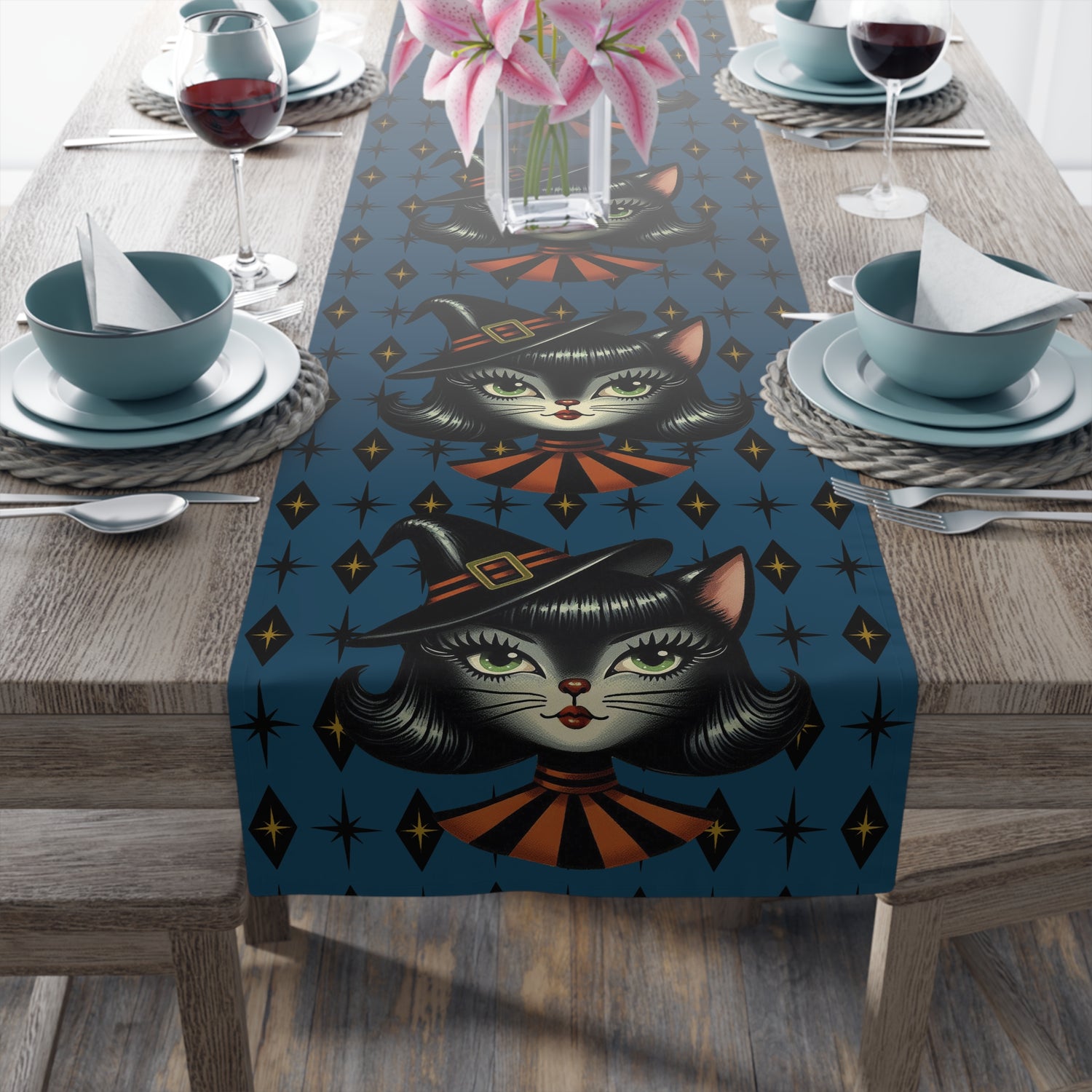 Vintage Halloween Black Cat Sexy Sexton Mid Century Modern Blue Table Runner - Mid Century Modern Gal