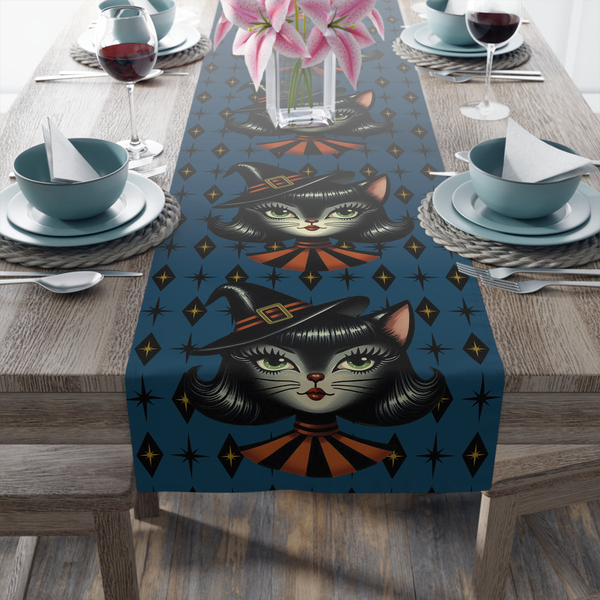 Vintage Halloween Black Cat Sexy Sexton Mid Century Modern Blue Table Runner - Mid Century Modern Gal