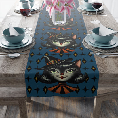 Vintage Halloween Black Cat Sexy Sexton Mid Century Modern Blue Table Runner - Mid Century Modern Gal
