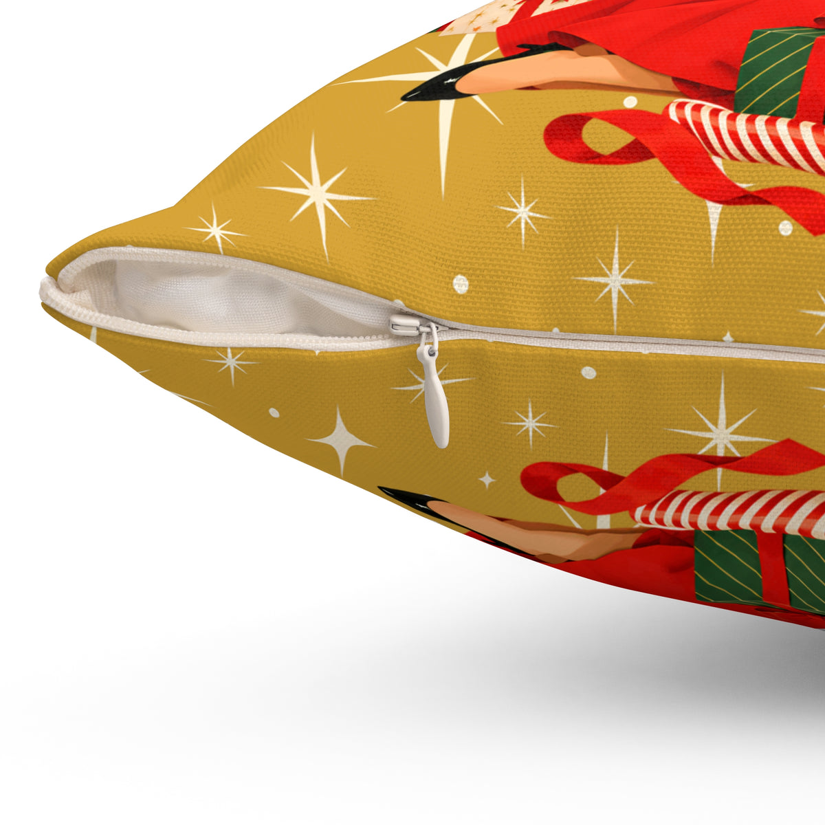 Mid Century Modern Christmas Glamour Gal Wrapping Presents by Tree, Gold Atomic Starbursts Pillow Cover and Insert - Mid Century Modern Gal