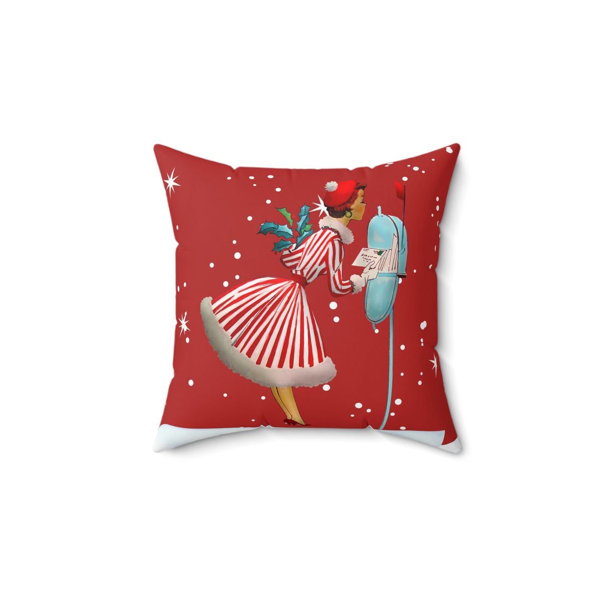 Vintage Christmas Decorative Pillow - Holiday Red with Retro Woman and Snowflakes - Mid Century Modern Gal