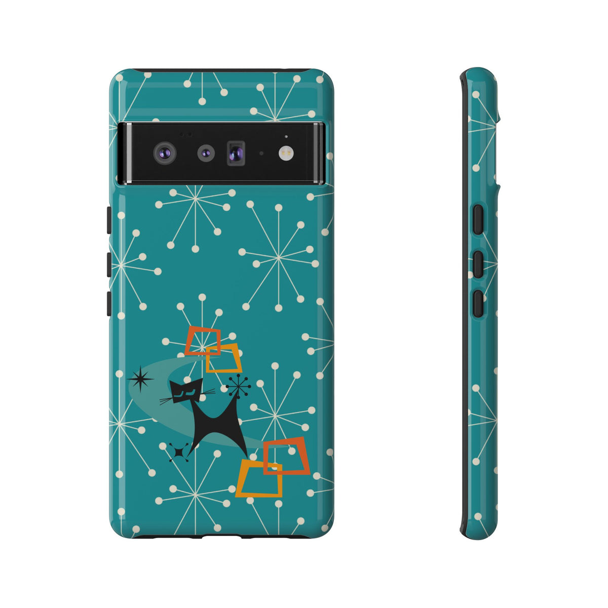 Atomic Space Cat, Starburst Blue, Retro Groovy Smart Phone Tough Phone Cases