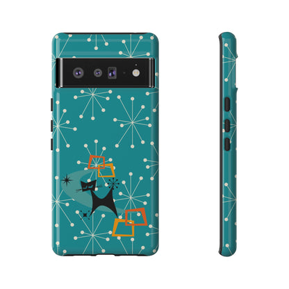 Atomic Space Cat, Starburst Blue, Retro Groovy Smart Phone Tough Phone Cases