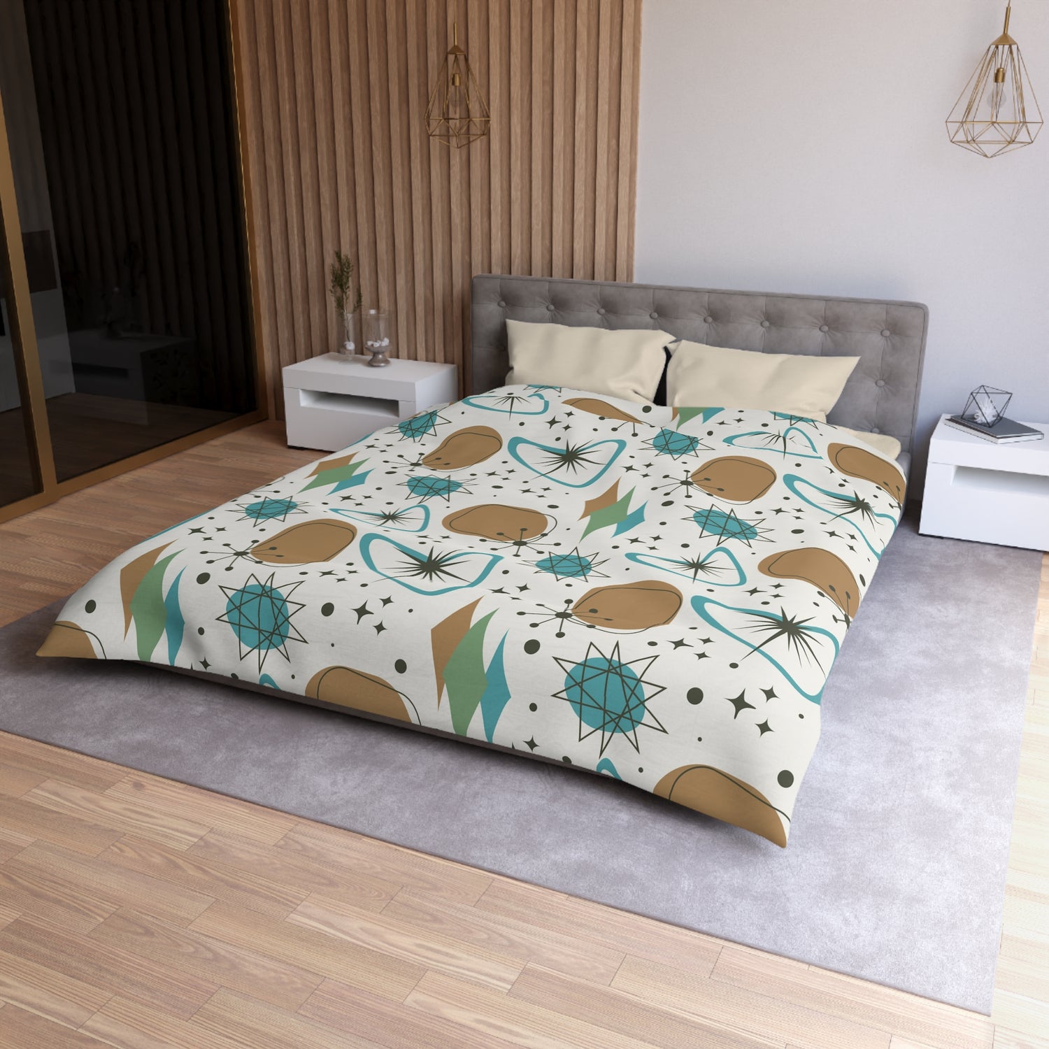 Mid Century Modern Franciscan Starburst Camel Brown, Beige Teal Starburst Retro-Modern  Duvet Cover - Mid Century Modern Gal