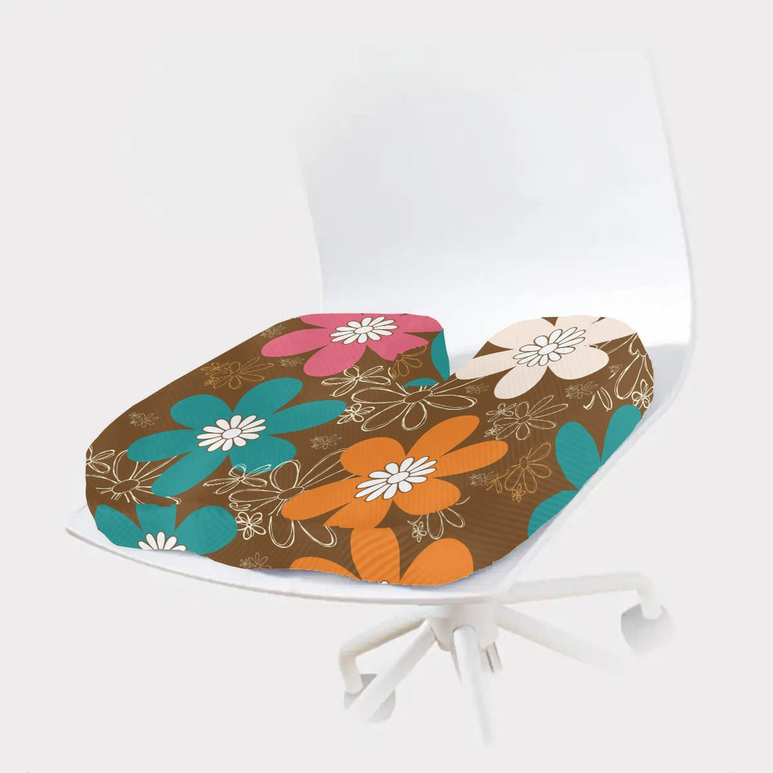 Retro Flower Power Mid Mod Brown Orange Teal Floral Orthopedic Memory Foam Seat Cushion - Mid Century Modern Gal