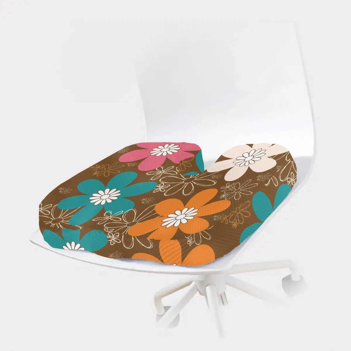Retro Flower Power Mid Mod Brown Orange Teal Floral Orthopedic Memory Foam Seat Cushion - Mid Century Modern Gal