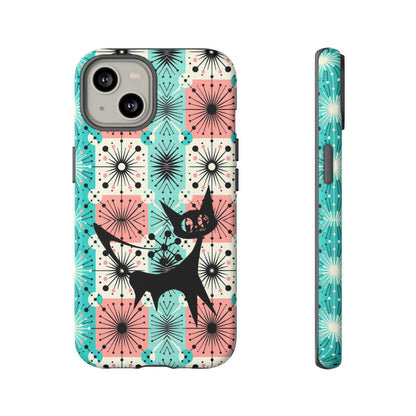 Atomic Kitschy Cat, Mid Century Modern Pink, Aqua Starbursts Tough Phone Case