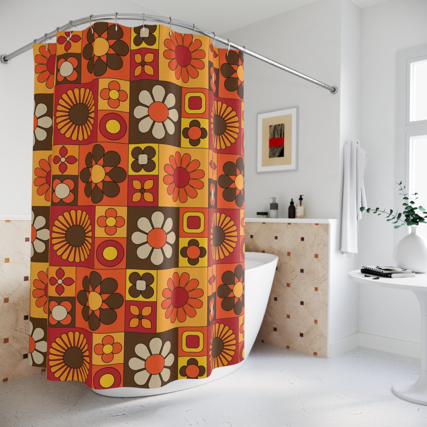 Retro Floral Shower Curtain | 70s Flower Power Vintage-inspired Bathroom Decor - Mid Century Modern Gal