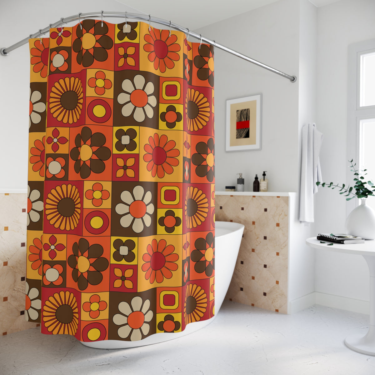 Retro Floral Shower Curtain | 70s Flower Power Vintage-inspired Bathroom Decor - Mid Century Modern Gal