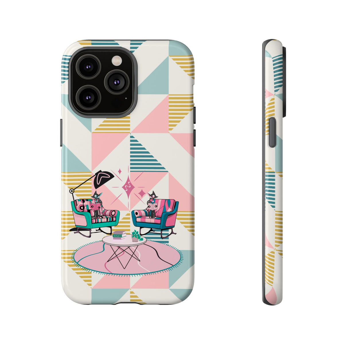 Atomic Cats Reading, Book Talk, Book Lover, Retro Chic Phone Case with Retro Vibe - Cozy Living Room Design - Mid Century Modern Gal