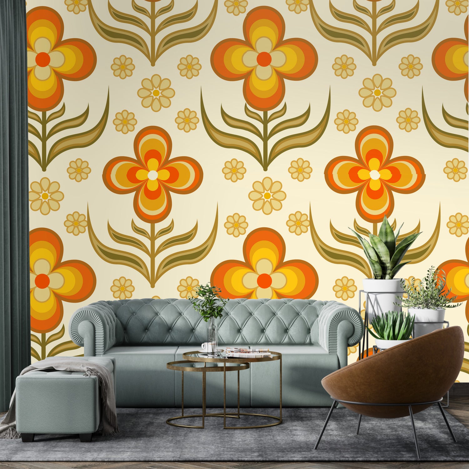 Flower Power, Scandinavian Floral Wallpaper, Peel And Stick Orange, Yellow Green Wall Mural