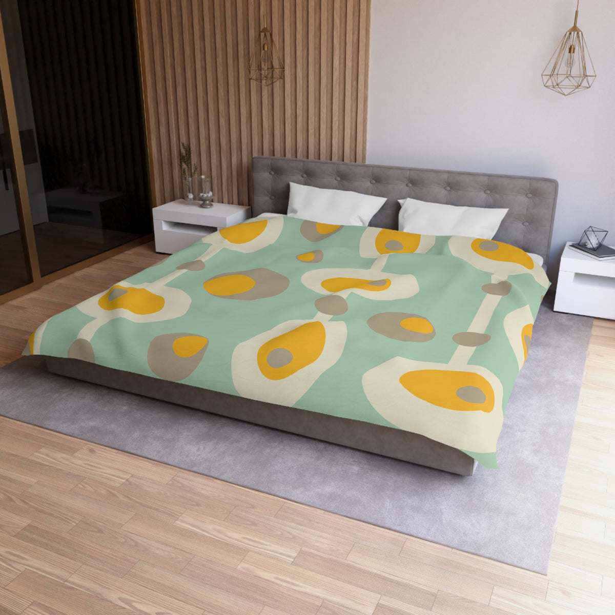 Mid Century Modern Bedding, Mustard Yellow, Gray, Creamy Beige Orbs, Mint MCM Retro Groovy Duvet Bedding Cover - Mid Century Modern Gal