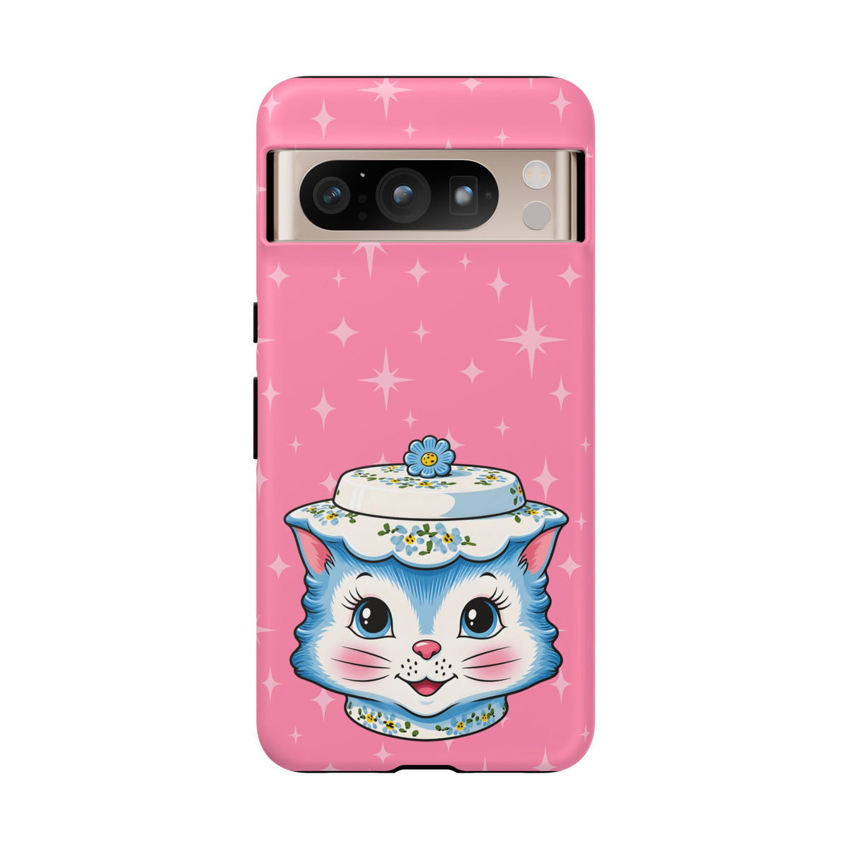 Mid Century Modern Kitschy Anthropomorphic Blue Cat with Floral Hat Tough Phone Case