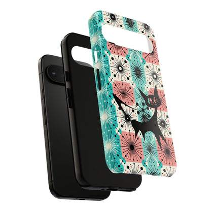 Atomic Kitschy Cat, Mid Century Modern Pink, Aqua Starbursts Tough Phone Case