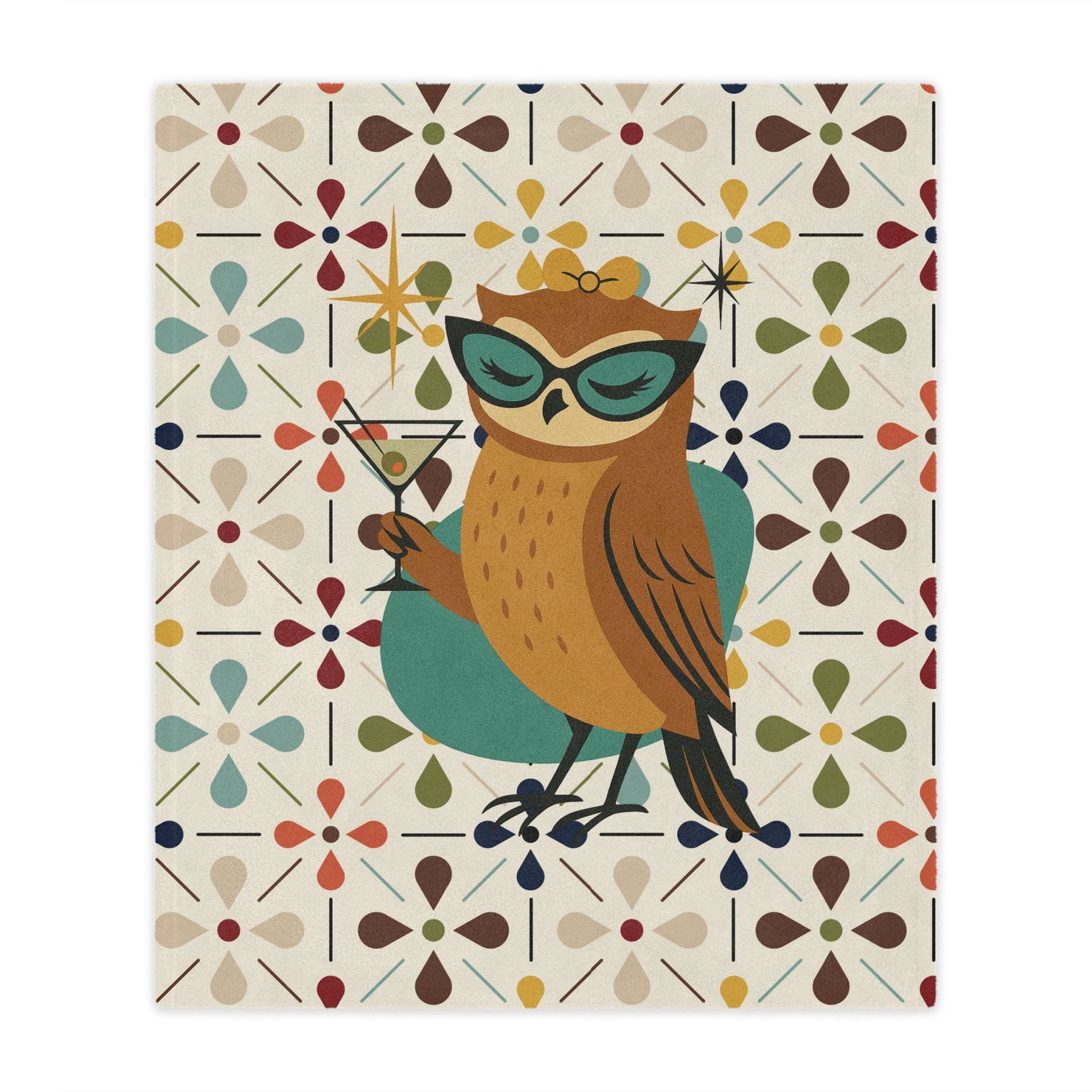 Mid Century Modern Scandinavian Flower, Kitschy Cocktail Owl Soft Minky Blanket - Mid Century Modern Gal