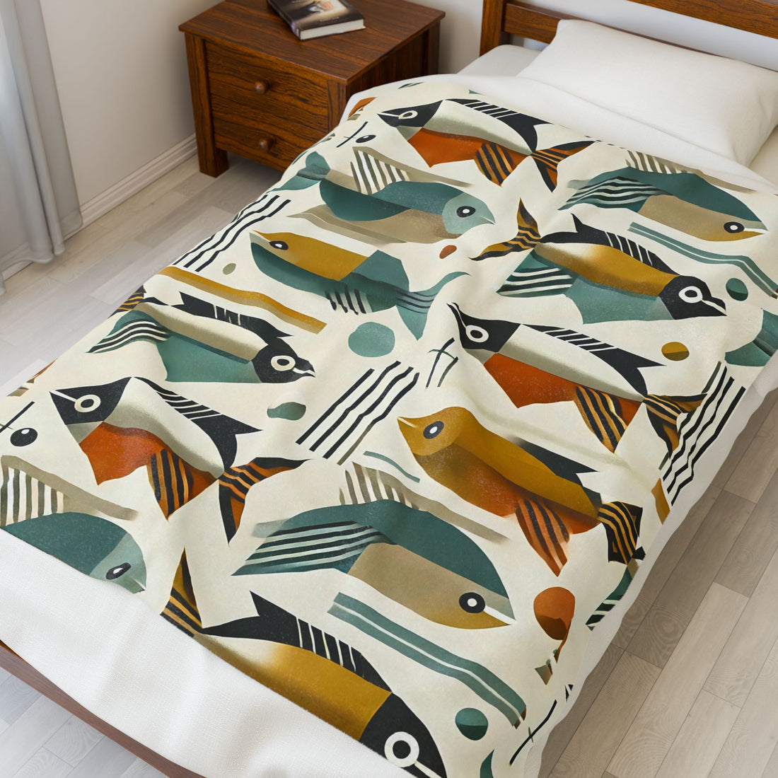 Mid Century Modern Bauhaus Colorful Fish Pattern Plush Blanket for Cozy Living Spaces - Mid Century Modern Gal