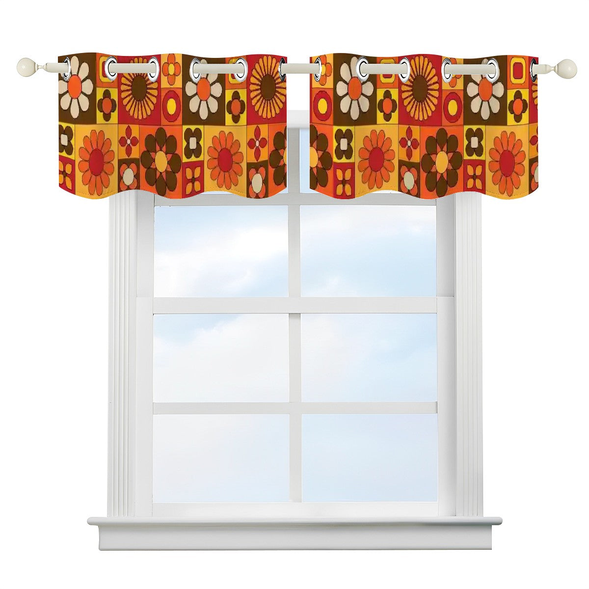 Retro Mid Mod 70s Flower Power Orange, Brown Yellow Retro Kitchen Valance Curtains - Mid Century Modern Gal