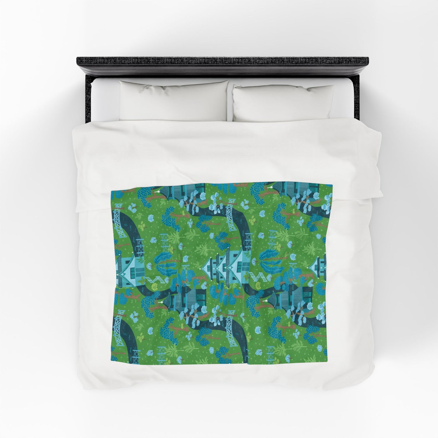 Chinoiserie Throw Blanket, Green, Blue Serene Garden Velveteen Plush Blanket - Cozy Floral Design - Mid Century Modern Gal