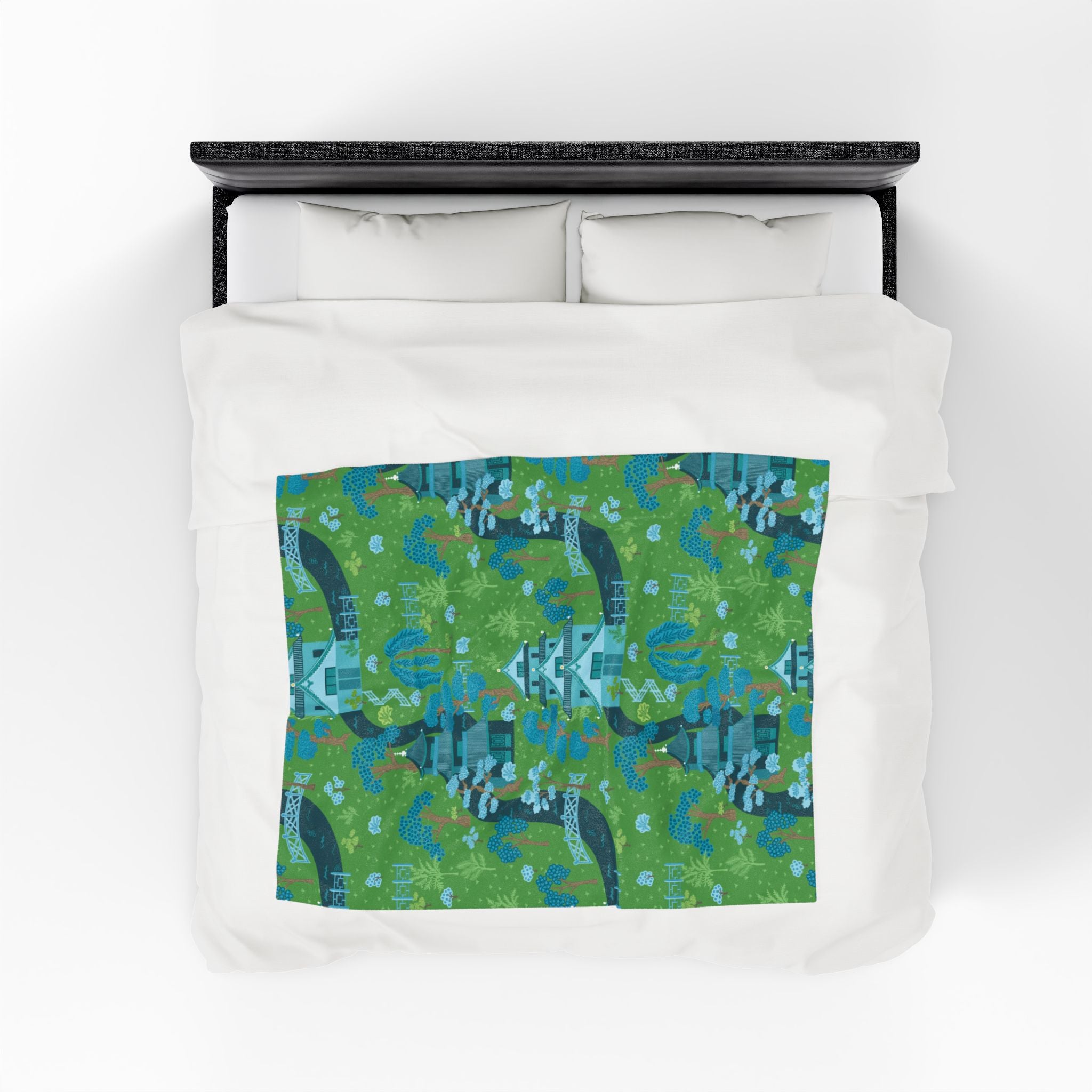 Chinoiserie Throw Blanket, Green, Blue Serene Garden Velveteen Plush Blanket - Cozy Floral Design - Mid Century Modern Gal