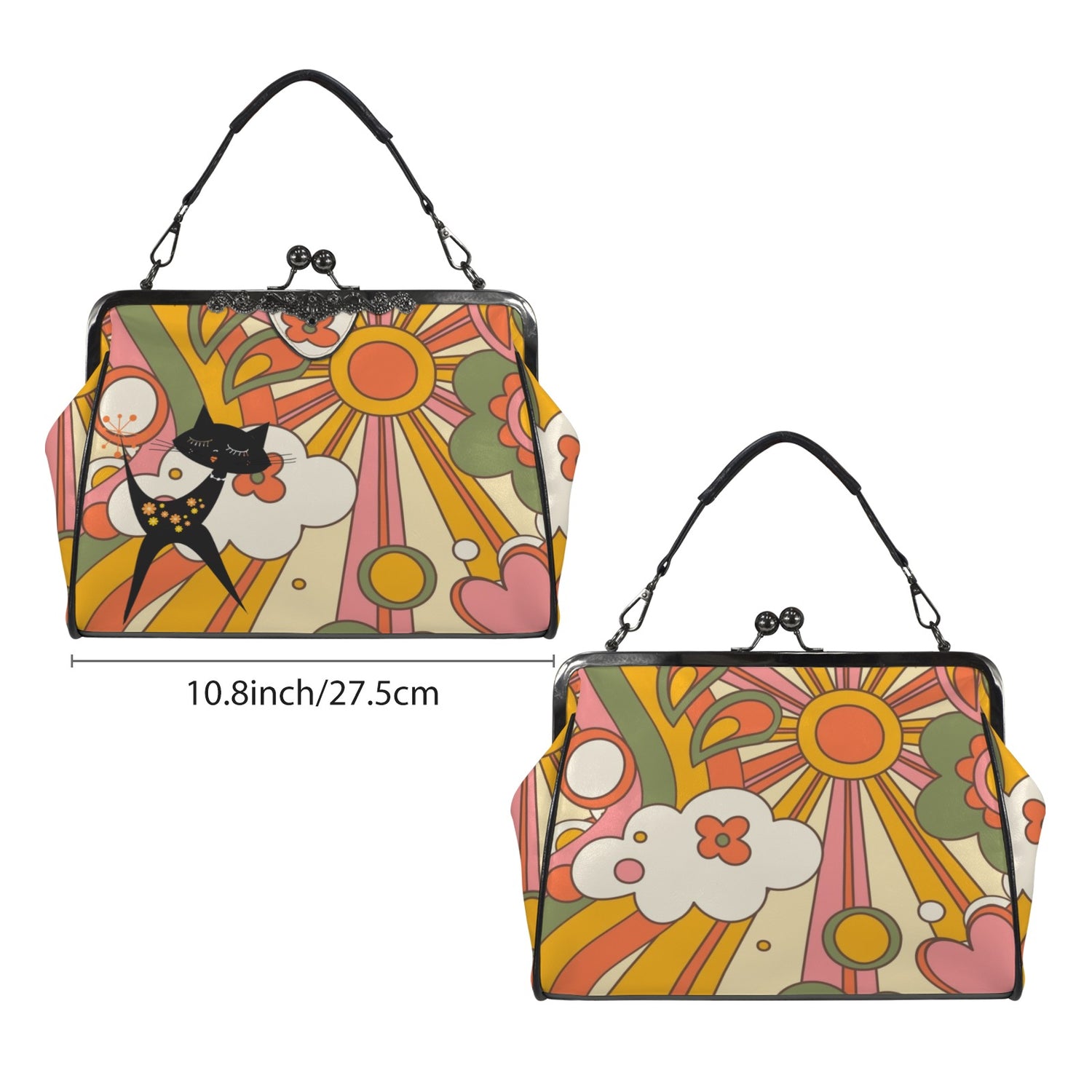 Retro Groovy 70s Sunshine Mid Mod Hippie Vibes and Atomic Cat Kisslock Crossbody Purse - Mid Century Modern Gal