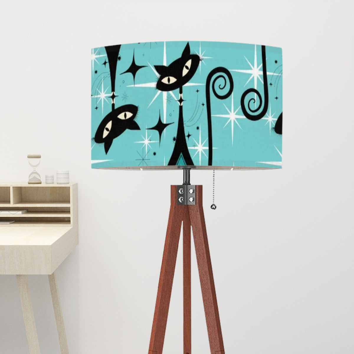 Mid Century Modern Tripod Floor Lamp, Atomic Aqua Starburst, Kitschy Quirky Mod Cats - Mid Century Modern Gal