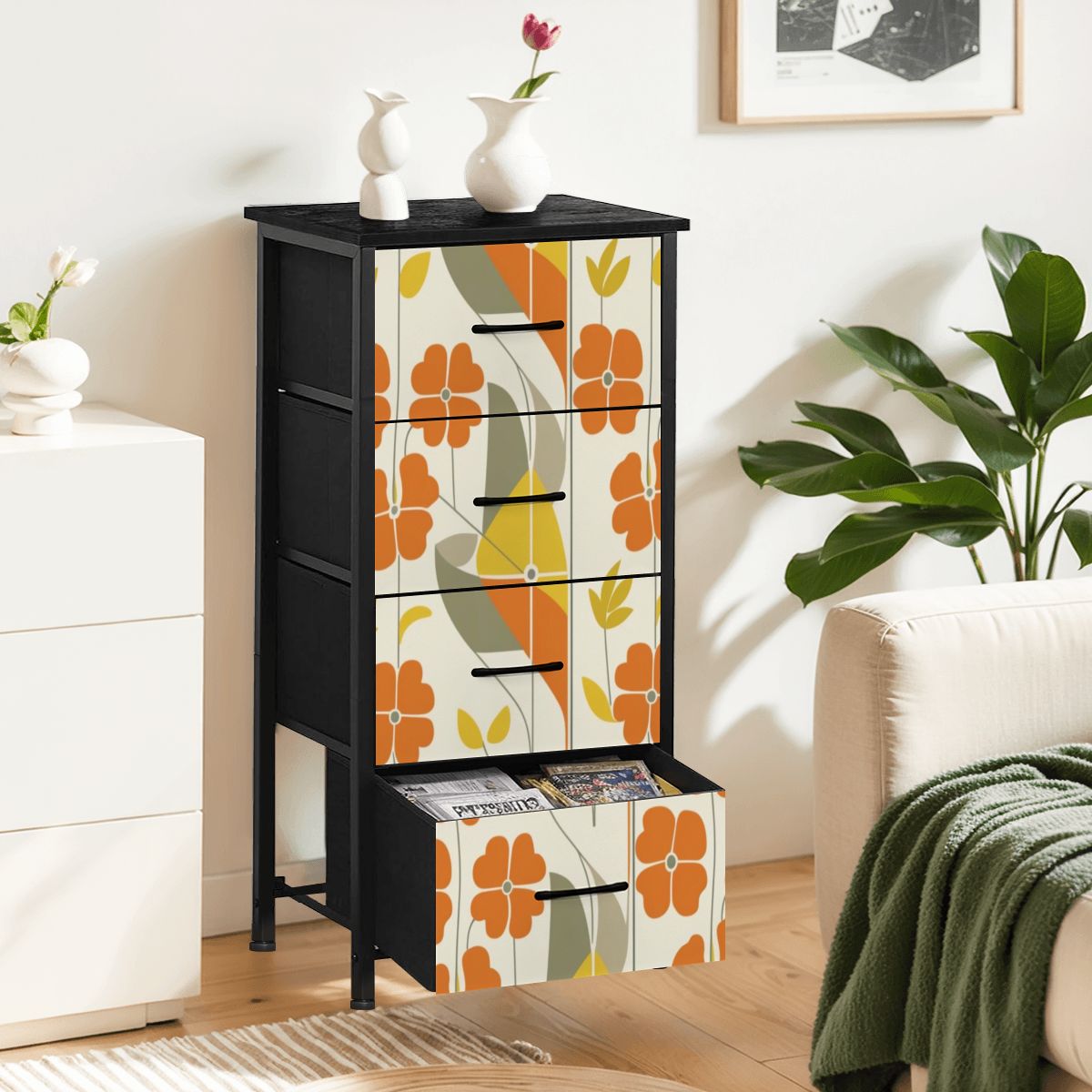 Mid Century Modern Scandinavian Modern Danish Flower, Orange, Yellow, Gray Mod 4-Drawer Dresser - Mid Century Modern Gal