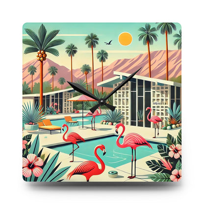 Palm Beach California Flamingo Clock, Kitsch Mod Acrylic Wall Clock