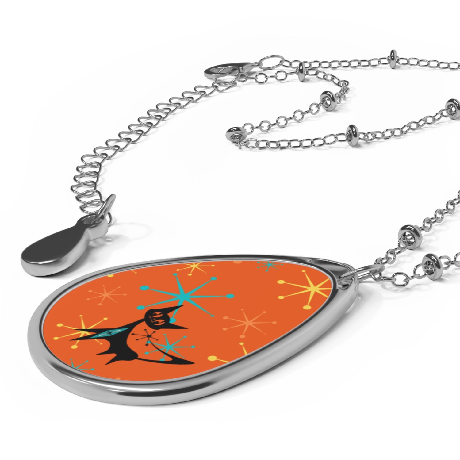 Atomic Cat Sinatra Orange Starburst Retro Oval Necklace with Colorful Design – Perfect Gift for Holidays - Mid Century Modern Gal