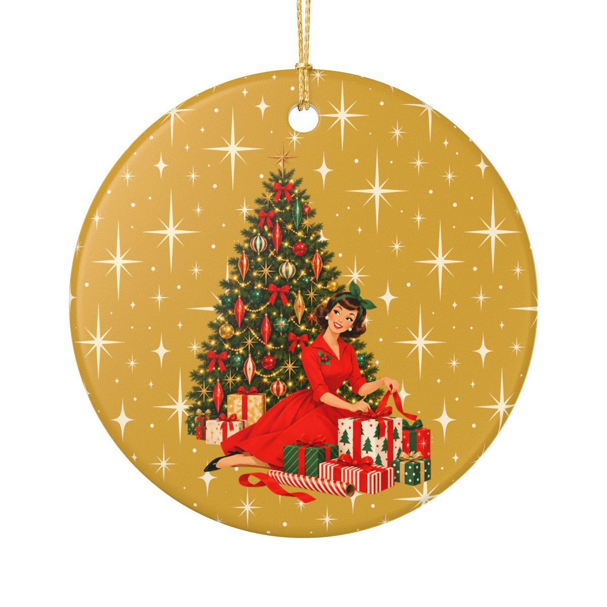 Mid Century Modern Christmas Glamour Gal Wrapping Presents by Tree, Gold Atomic Starbursts Ceramic Christmas Tree Ornament